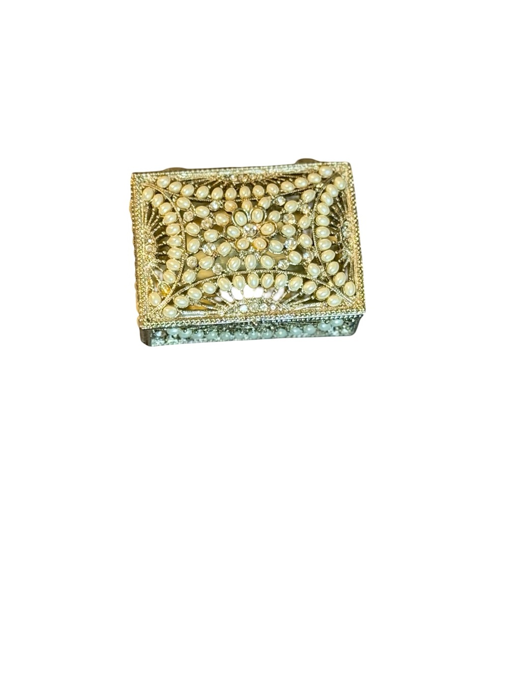 CHRISTIAN SIRIANO Jewelry Trinket Box Silver Faux Pearl Diamond Hinged Lid